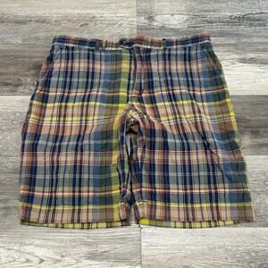 Vintage Polo Ralph Lauren Madras Plaid Blue Yellow Red Mens 36 Flat Front Shorts